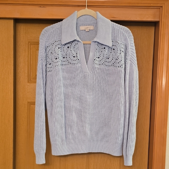 LOFT Sweaters - LOFT Crochet Yoke Collared V‑Neck Sweater